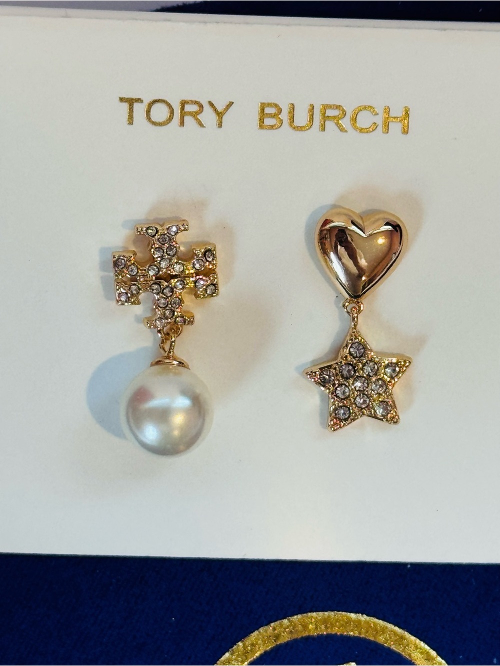 NWT Tory Burch Gold Crystal, Pearl & Heart-Star Mismatch Drop Earrings